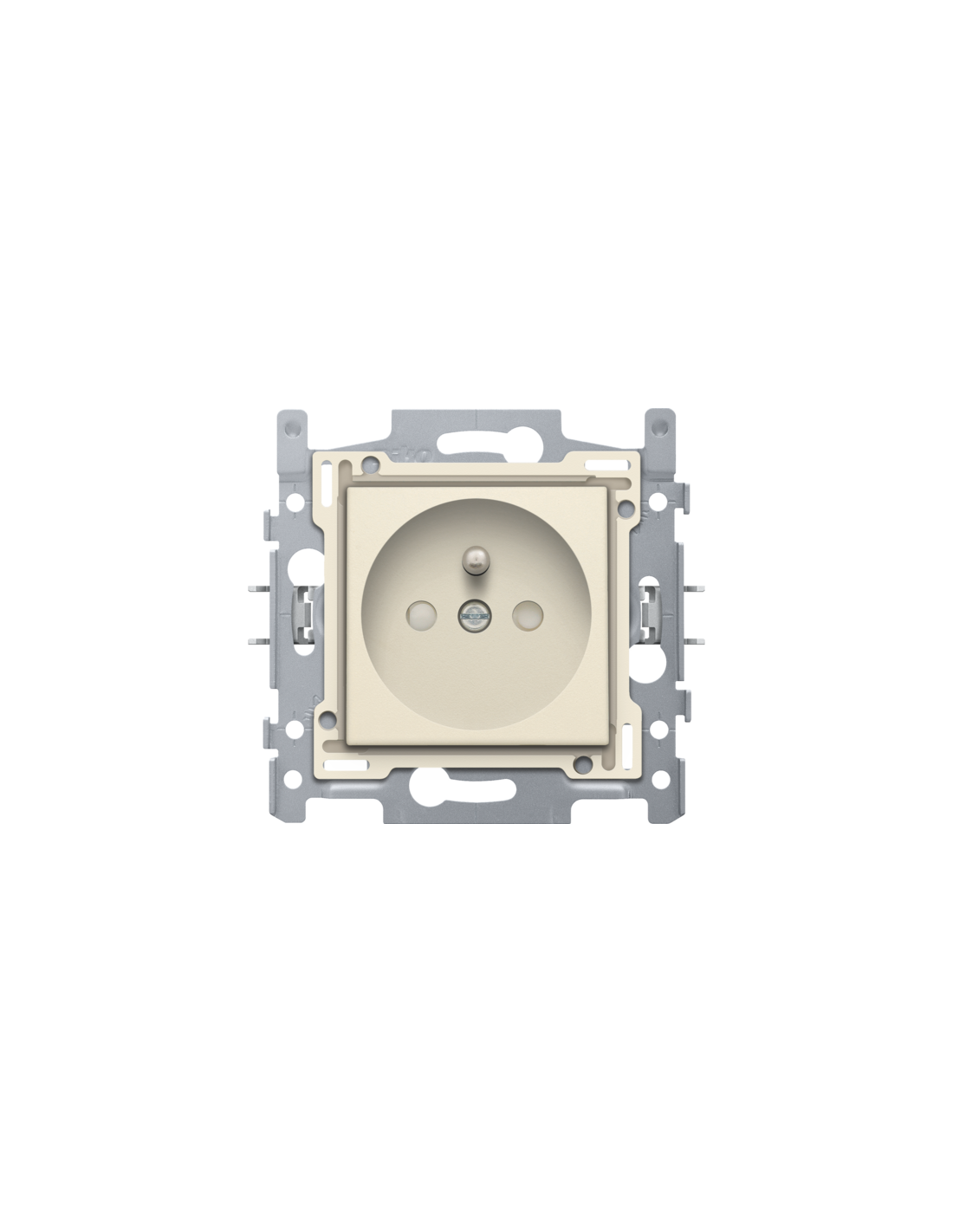 Prise de courant avec broche de terre et obturateurs de protection, profondeur d’encastrement de 28,5 mm, socle avec bornes à vis et set de finition, couleur cream