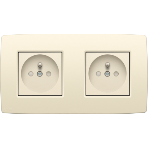 Prise de courant double horizontale avec broche de terre et obturateurs de protection, bornes à vis, profondeur d’encastrement de 28,5 mm, y compris plaque de recouvrement, couleur cream