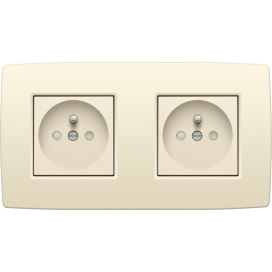 Prise de courant double horizontale avec broche de terre, obturateurs de protection, et bornes à connexion rapide, profondeur d’encastrement de 28,5 mm, y compris plaque de recouvrement, couleur cream