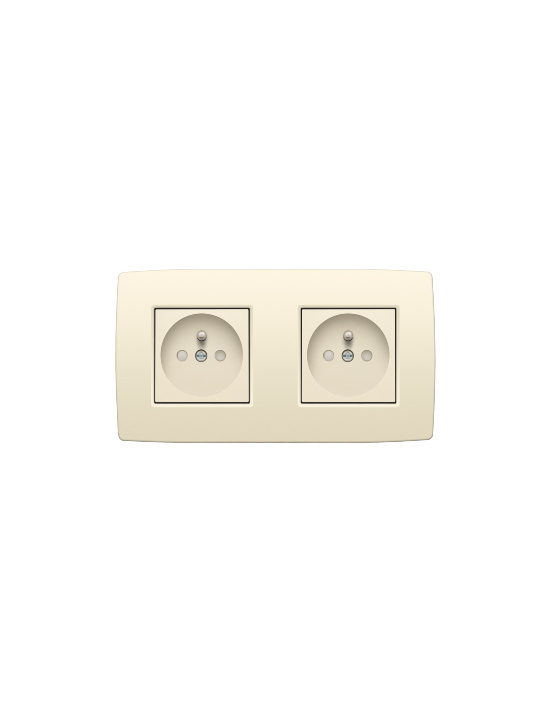 Prise de courant double horizontale avec broche de terre, obturateurs de protection, et bornes à connexion rapide, profondeur d’encastrement de 28,5 mm, y compris plaque de recouvrement, couleur cream