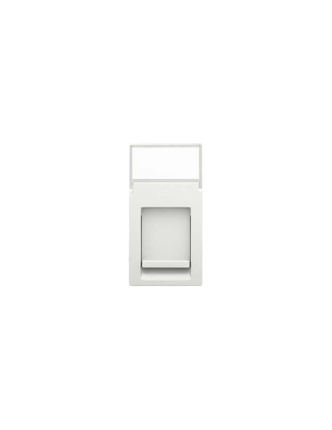 Module de connexion 22,5 x 45 pour l’insertion d’un connecteur RJ dans une prise de courant murale ou une goulotte d’installation. Couleur: blanc.