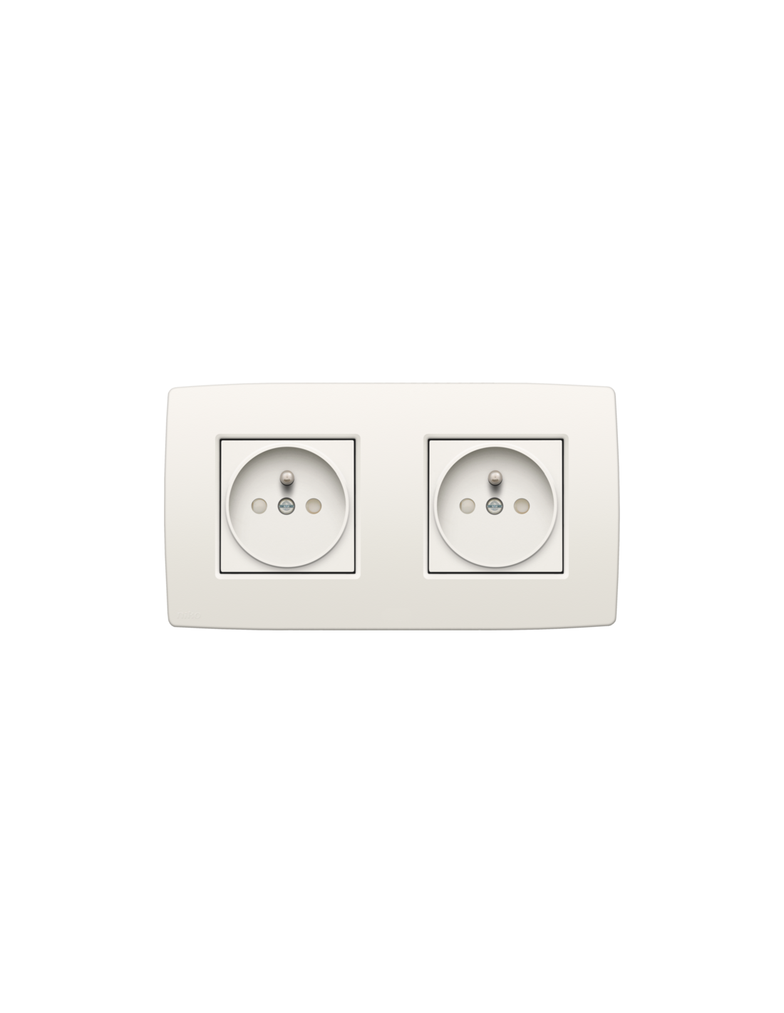 Prise de courant double horizontale avec broche de terre et obturateurs de protection, bornes à vis, profondeur d’encastrement de 21 mm, y compris plaque de recouvrement, couleur white