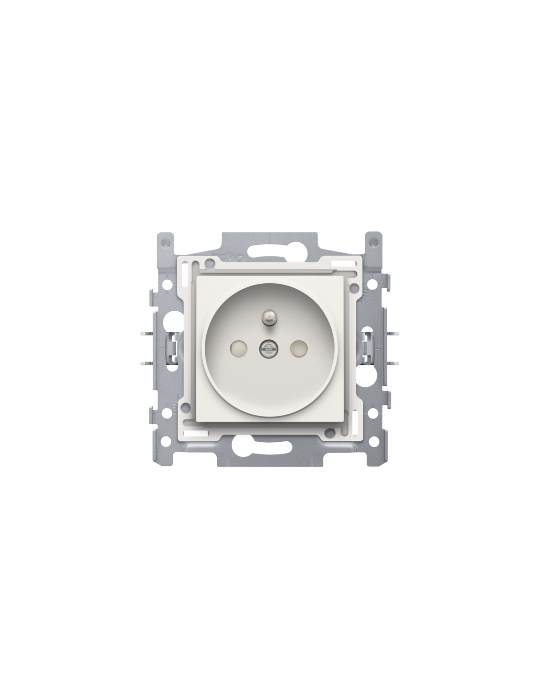 Prise de courant avec broche de terre et obturateurs de protection, profondeur d’encastrement de 21 mm, socle avec bornes à connexion rapide et set de finition, couleur white
