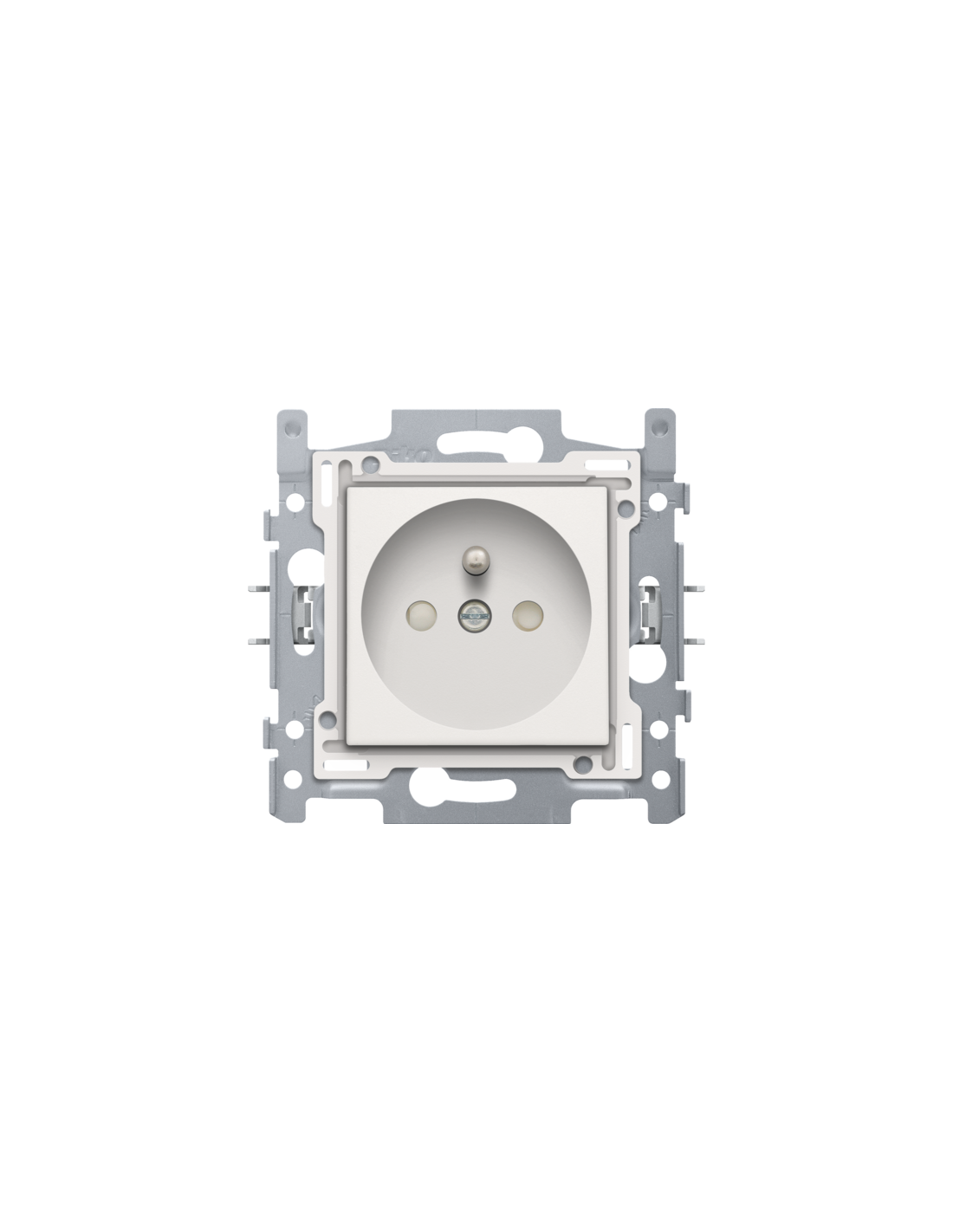 Prise de courant avec broche de terre et obturateurs de protection, profondeur d’encastrement de 28,5 mm, socle avec bornes à vis et set de finition, couleur white