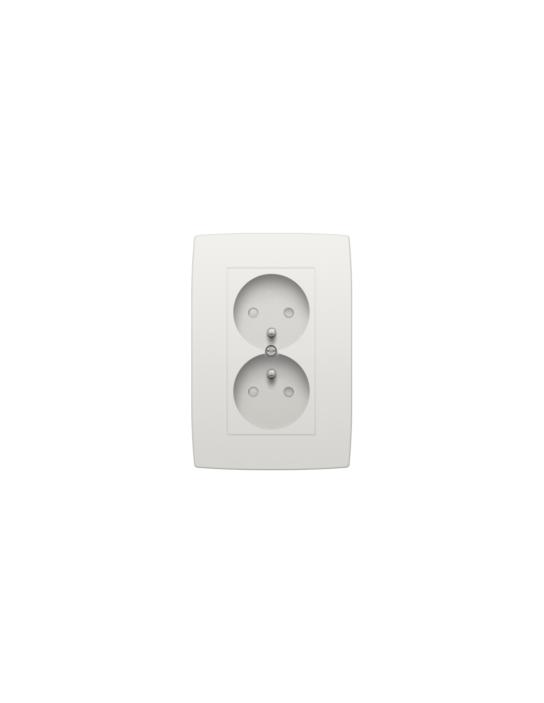 Prise de courant double verticale avec broche de terre et obturateurs de protection, profondeur d’encastrement de 24 mm, appareil complet, y compris plaque de recouvrement, couleur white