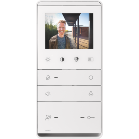 Poste intérieur vidéo fin pour montage en saillie, avec écran couleur et boutons-poussoirs tactiles.