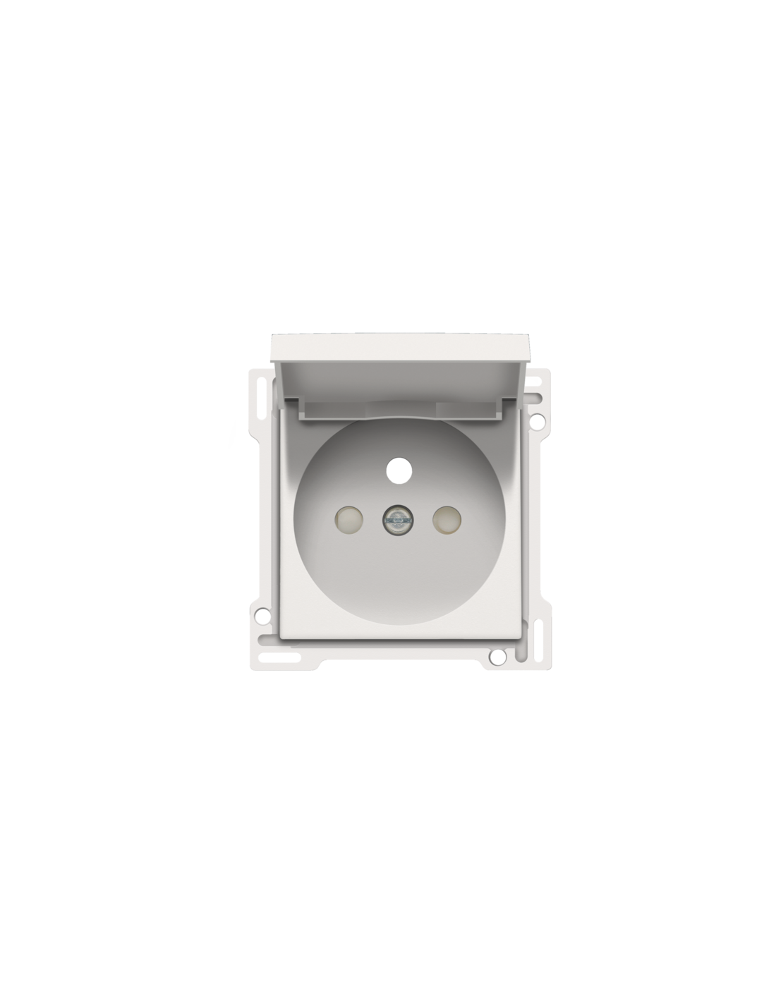 Set de finition pour prise de courant avec clapet, broche de terre et obturateurs de protection, profondeur d’encastrement de 28,5 mm, couleur white coated