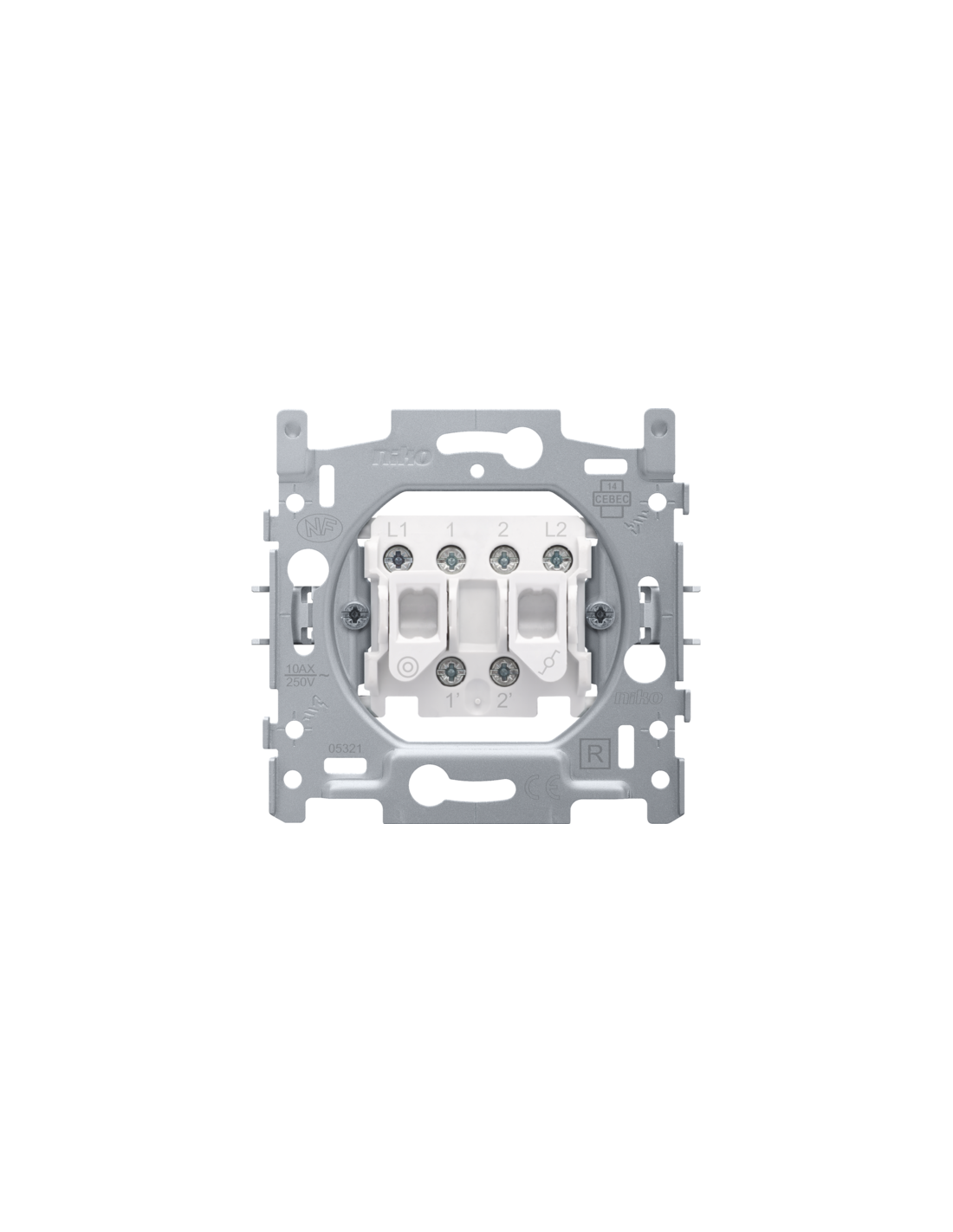 Socle pour interrupteur double : interrupteur va-et-vient et bouton-poussoir N.O. ou N.F., 10 AX/250 Vac, bornes à vis