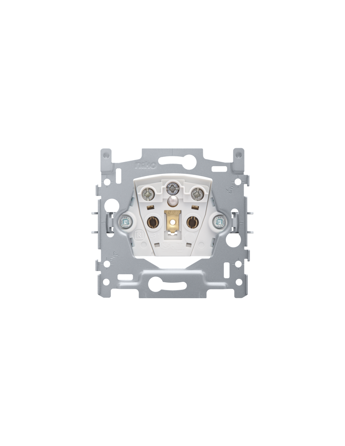 Socle pour prise de courant avec broche de terre et obturateurs de protection, profondeur d'encastrement de 21 mm, 16 A/250 Vac, bornes à vis