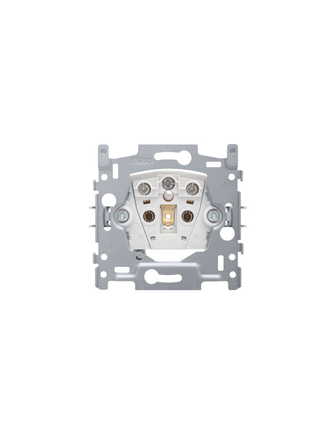 Socle pour prise de courant avec indication de la tension, broche de terre, obturateurs de protection et avec led ambre, bornes à vis