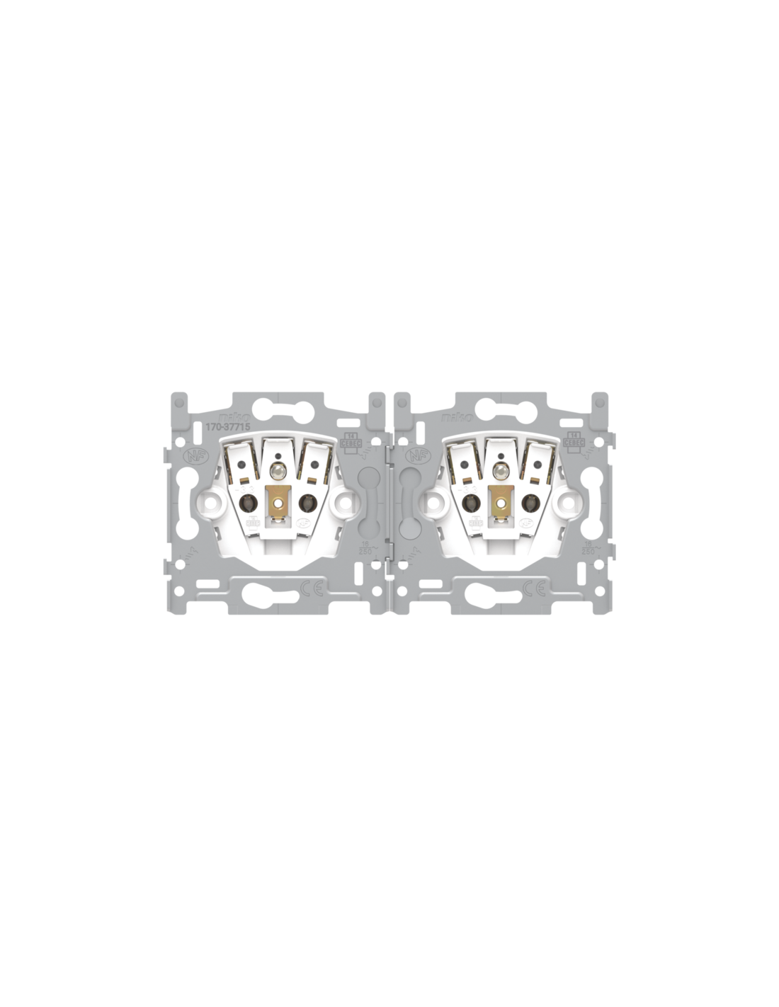 Socle pour prise de courant double horizontale avec broche de terre et obturateurs de protection, profondeur d'encastrement de 21 mm, connexion rapide