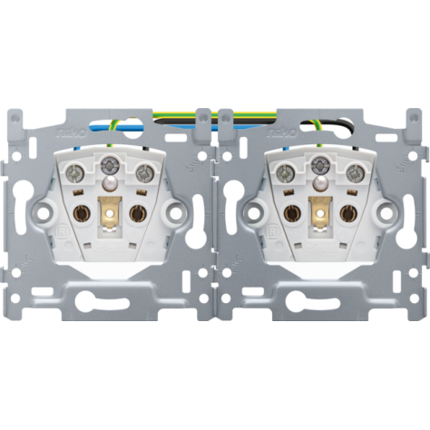 Socle pour prise de courant double horizontale avec broche de terre et obturateurs de protection, profondeur d'encastrement de 28,5 mm, bornes à vis
