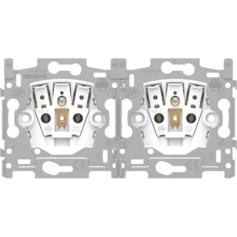Socle pour prise de courant double horizontale avec broche de terre et obturateurs de protection, profondeur d'encastrement de 28,5 mm, connexion rapide