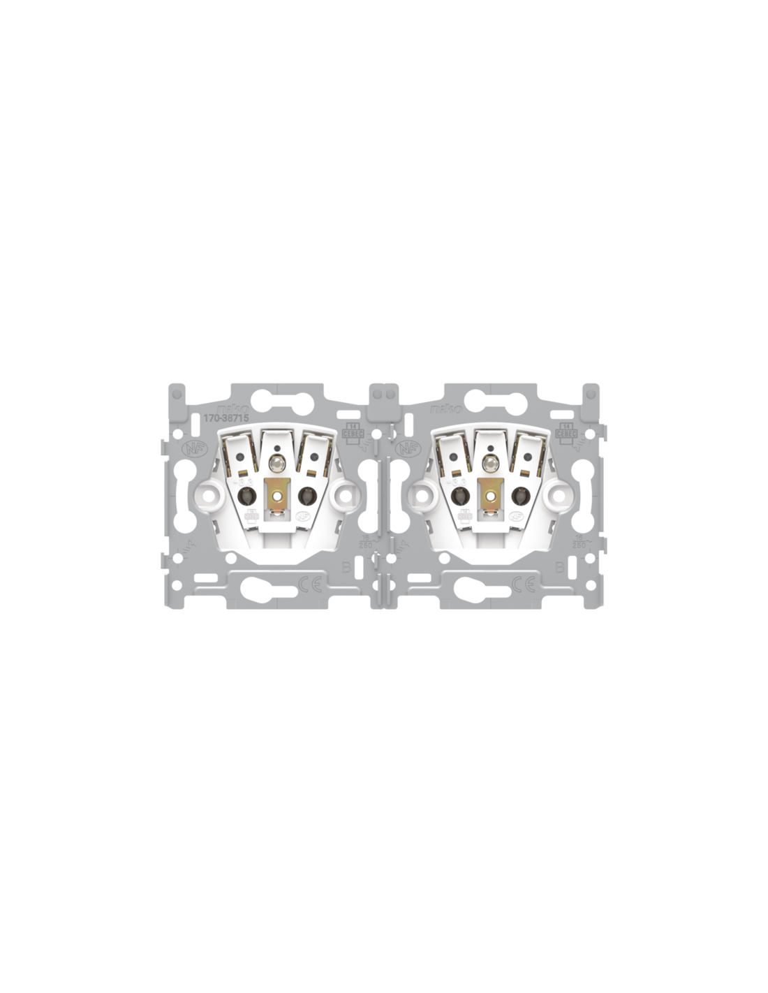 Socle pour prise de courant double horizontale avec broche de terre et obturateurs de protection, profondeur d'encastrement de 28,5 mm, connexion rapide