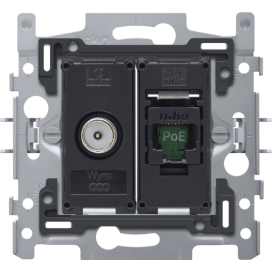 Combinaison coax avec connexion RJ45 UTP Cat. 6A, prêt pour l'alimentation PoE++, modèle plat, incl. socle 60 x 71 mm avec fixation par griffes, agréation Wyre (Telenet-Interkabel) et VOO