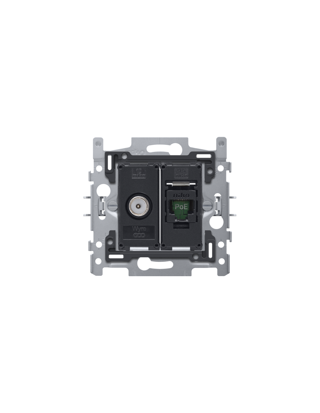 Combinaison coax avec connexion RJ45 UTP Cat. 6A, prêt pour l'alimentation PoE++, modèle plat, incl. socle 60 x 71 mm avec fixation par griffes, agréation Wyre (Telenet-Interkabel) et VOO