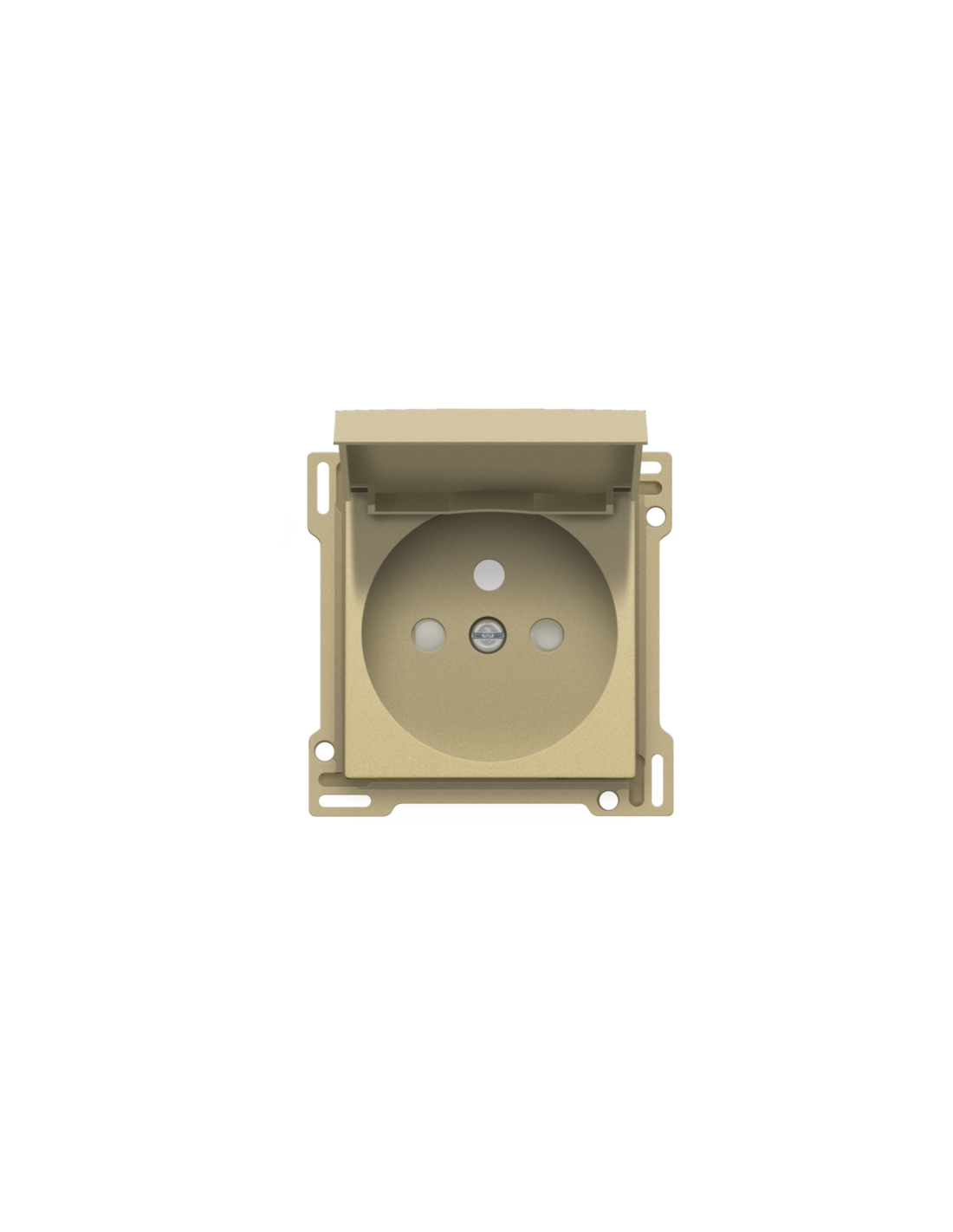 Set de finition pour prise de courant avec clapet, broche de terre et obturateurs de protection, profondeur d’encastrement de 28,5 mm, couleur gold coated