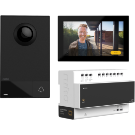 Kit vidéo, à deux fils, avec unité de contrôle, poste extérieur et intérieur, pour montage en saillie, avec 1 bouton-poussoir de sonnerie