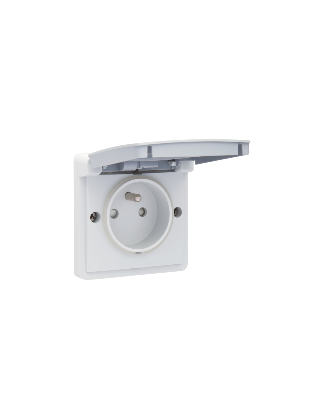 Prise de courant, étanche aux projections d'eau 16 A/250 Vac avec broche de terre, obturateurs de protection et avec bornes à vis, couleur gris