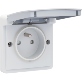 Prise de courant étanche aux projections d'eau 16 A/250 Vac avec broche de terre, obturateurs de protection et avec bornes à connexion rapide, couleur gris