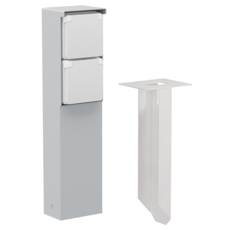 Borne de jardin étanche aux projections d'eau avec deux prises de courant, broche de terre et piquet, couleur gris