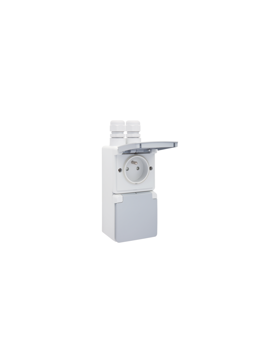 Prise double verticale étanche aux projections d’eau, avec broche de terre, obturateurs de protection et bornes à vis - y compris un boîtier avec deux entrées au-dessus, couleur gris