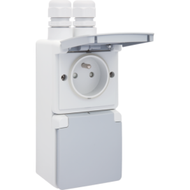 Prise double verticale étanche aux projections d’eau, avec broche de terre, obturateurs de protection et bornes à connexion rapide - y compris boîte en saillie avec deux entrées au-dessus, couleur gris