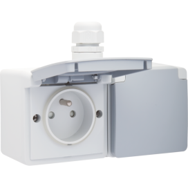 Prise double horizontale étanche aux projections d’eau, avec broche de terre, obturateurs de protection et bornes à vis - y compris un boîtier avec une entrée au-dessus, couleur gris