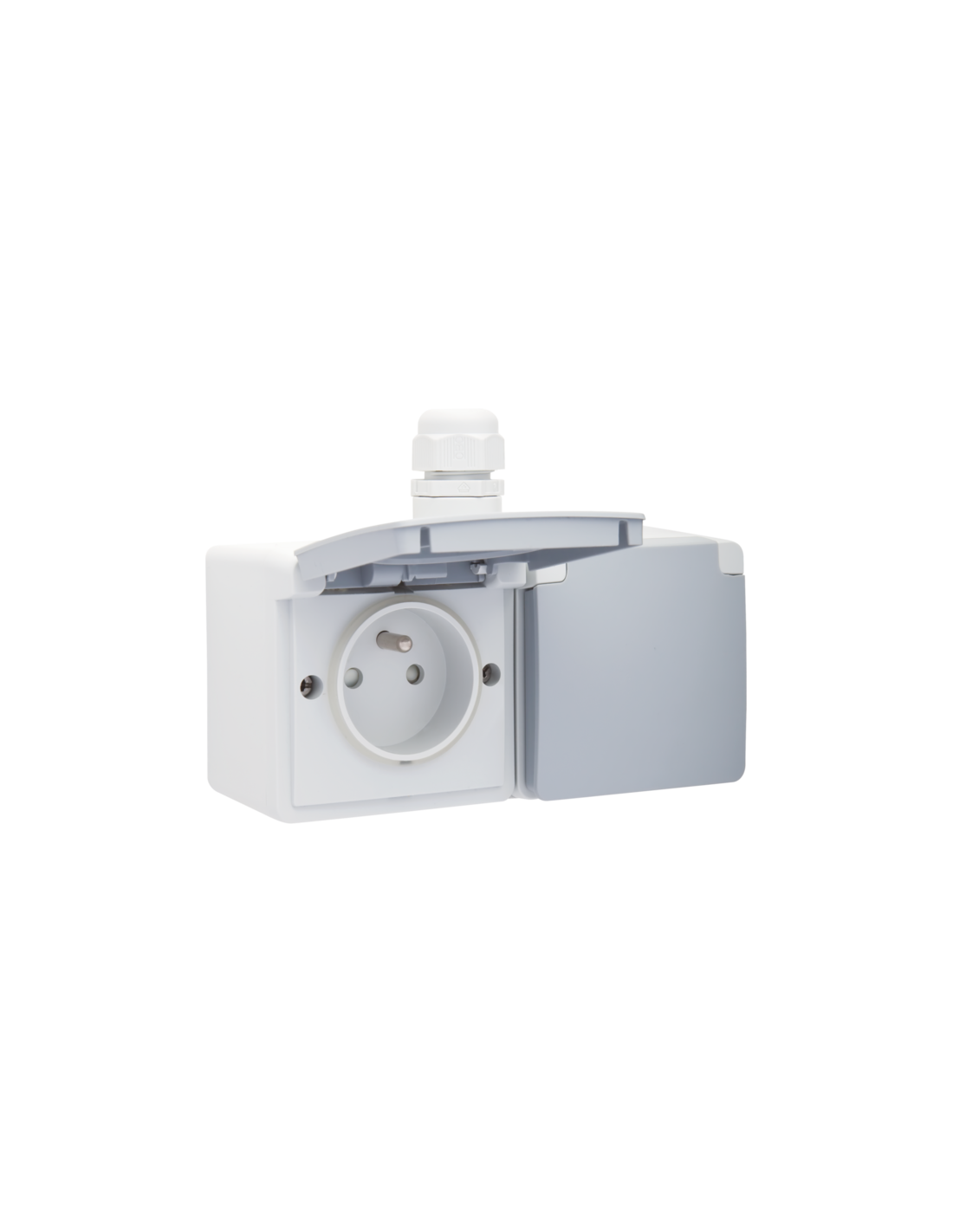 Prise double horizontale étanche aux projections d’eau, avec broche de terre, obturateurs de protection et bornes à vis - y compris un boîtier avec une entrée au-dessus, couleur gris