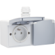 Prise double horizontale étanche aux projections d’eau, avec broche de terre, obturateurs de protection et bornes à connexion rapide – y compris un boîtier en saillie avec une entrée au-dessus, couleur gris