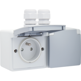Prise double horizontale étanche aux projections d’eau, avec broche de terre, obturateurs de protection et bornes à connexion rapide – y compris un boîtier en saillie avec deux entrées au-dessus, couleur gris