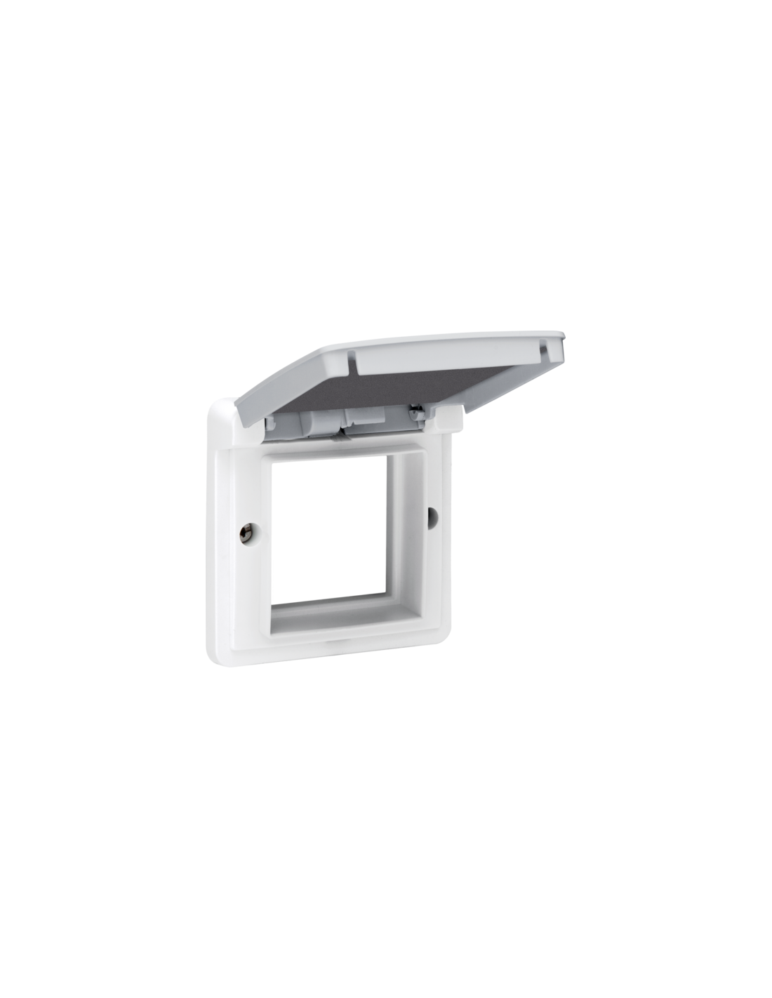 Cadre d’adaptation avec clapet pour fonctions 45 x 45 mm dans des boîtes de montage étanches, couleur gris