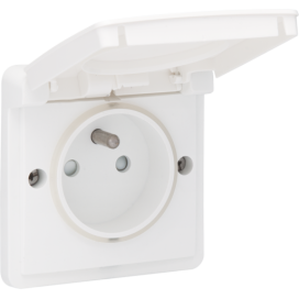Prise de courant, étanche aux projections d'eau 16 A/250 Vac avec broche de terre, obturateurs de protection et avec bornes à vis, couleur blanc