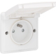 Prise de courant, étanche aux projections d'eau 16 A/250 Vac avec broche de terre, obturateurs de protection et avec bornes à vis, couleur blanc