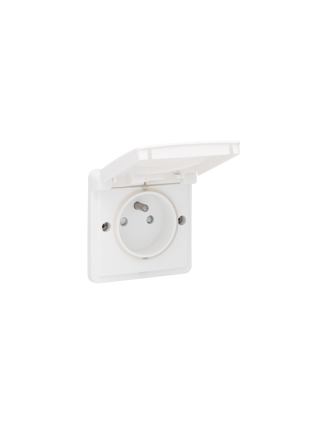 Prise de courant, étanche aux projections d'eau 16 A/250 Vac avec broche de terre, obturateurs de protection et avec bornes à vis, couleur blanc