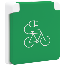 Borne de recharge pour vélos, étanche aux projections d'eau 16 A/250 Vac avec broche de terre, obturateurs de protection et avec bornes à connexion rapide, couleur blanc