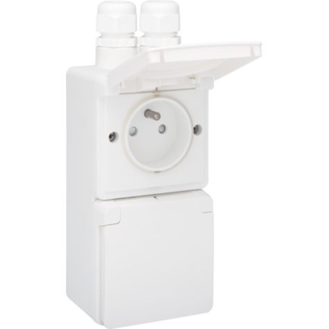 Prise double verticale étanche aux projections d’eau, avec broche de terre, obturateurs de protection et bornes à vis - y compris un boîtier avec deux entrées au-dessus, couleur blanc