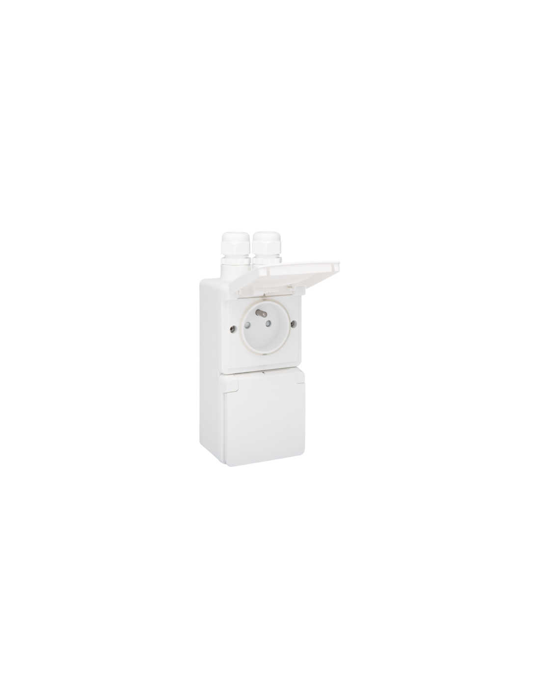 Prise double verticale étanche aux projections d’eau, avec broche de terre, obturateurs de protection et bornes à vis - y compris un boîtier avec deux entrées au-dessus, couleur blanc