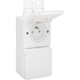 Prise double verticale étanche aux projections d’eau, avec broche de terre, obturateurs de protection et bornes à connexion rapide - y compris boîte en saillie avec deux entrées au-dessus, couleur blanc