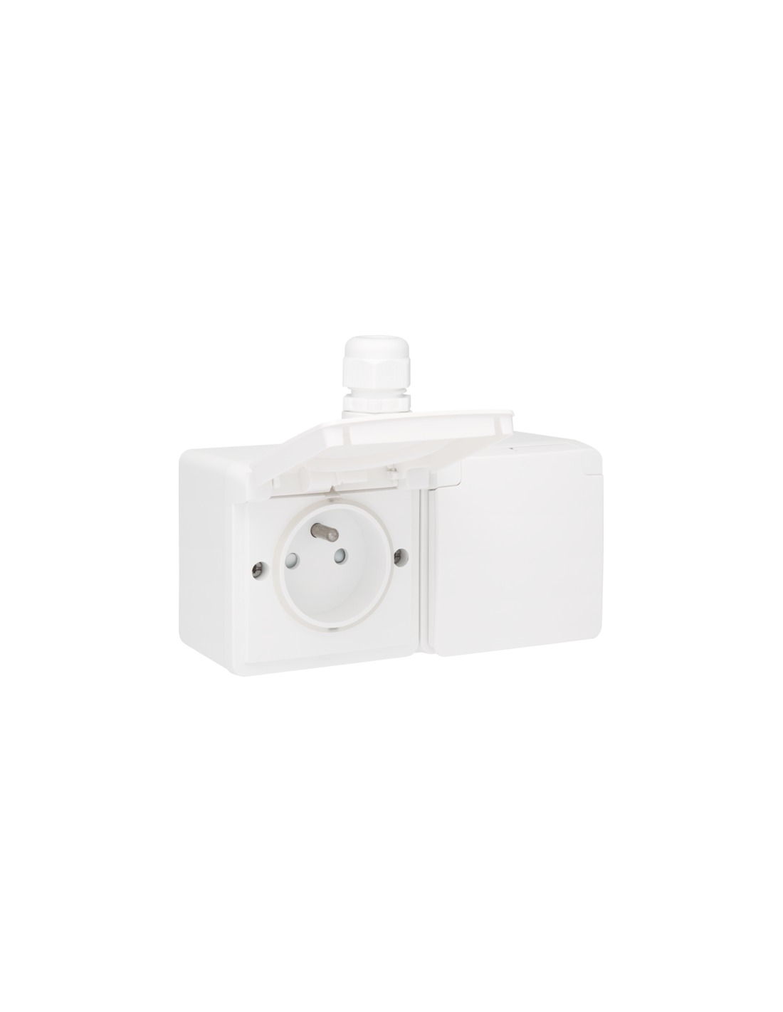 Prise double horizontale étanche aux projections d’eau, avec broche de terre, obturateurs de protection et bornes à vis - y compris un boîtier avec une entrée au-dessus, couleur blanc