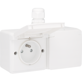 Prise double horizontale étanche aux projections d’eau, avec broche de terre, obturateurs de protection et bornes à connexion rapide – y compris un boîtier en saillie avec une entrée au-dessus, couleur blanc