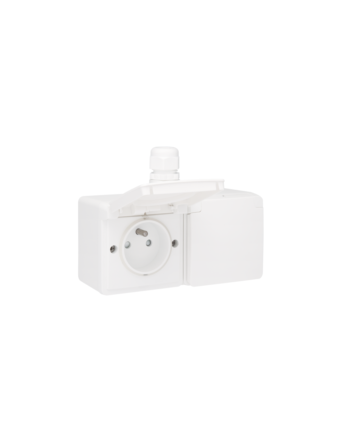 Prise double horizontale étanche aux projections d’eau, avec broche de terre, obturateurs de protection et bornes à connexion rapide – y compris un boîtier en saillie avec une entrée au-dessus, couleur blanc