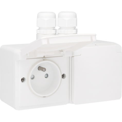Prise double horizontale étanche aux projections d’eau, avec broche de terre, obturateurs de protection et bornes à connexion rapide – y compris un boîtier en saillie avec deux entrées au-dessus, couleur blanc
