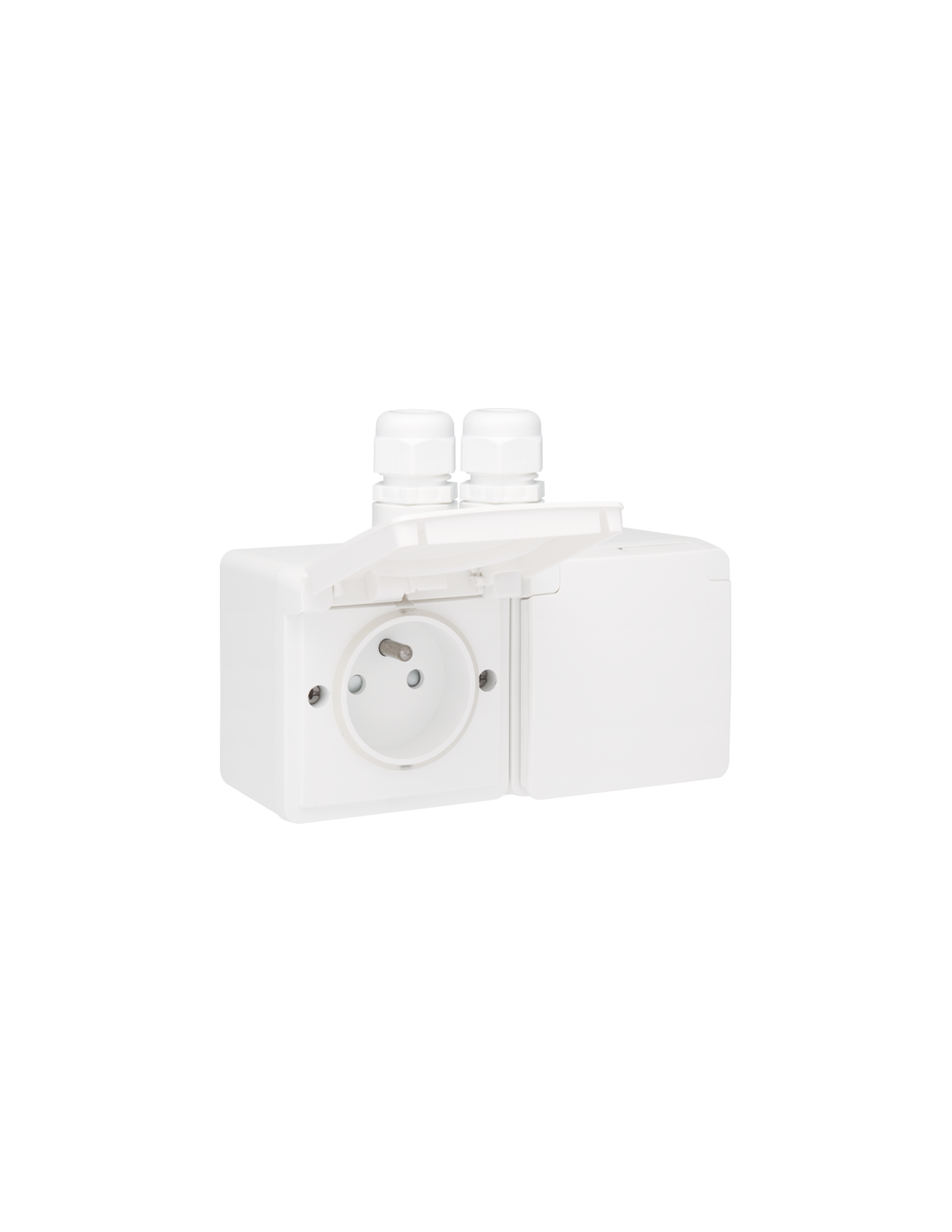 Prise double horizontale étanche aux projections d’eau, avec broche de terre, obturateurs de protection et bornes à connexion rapide – y compris un boîtier en saillie avec deux entrées au-dessus, couleur blanc