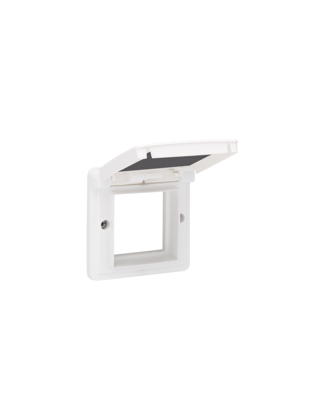 Cadre d’adaptation avec clapet pour fonctions 45 x 45 mm dans des boîtes de montage étanches, couleur blanc