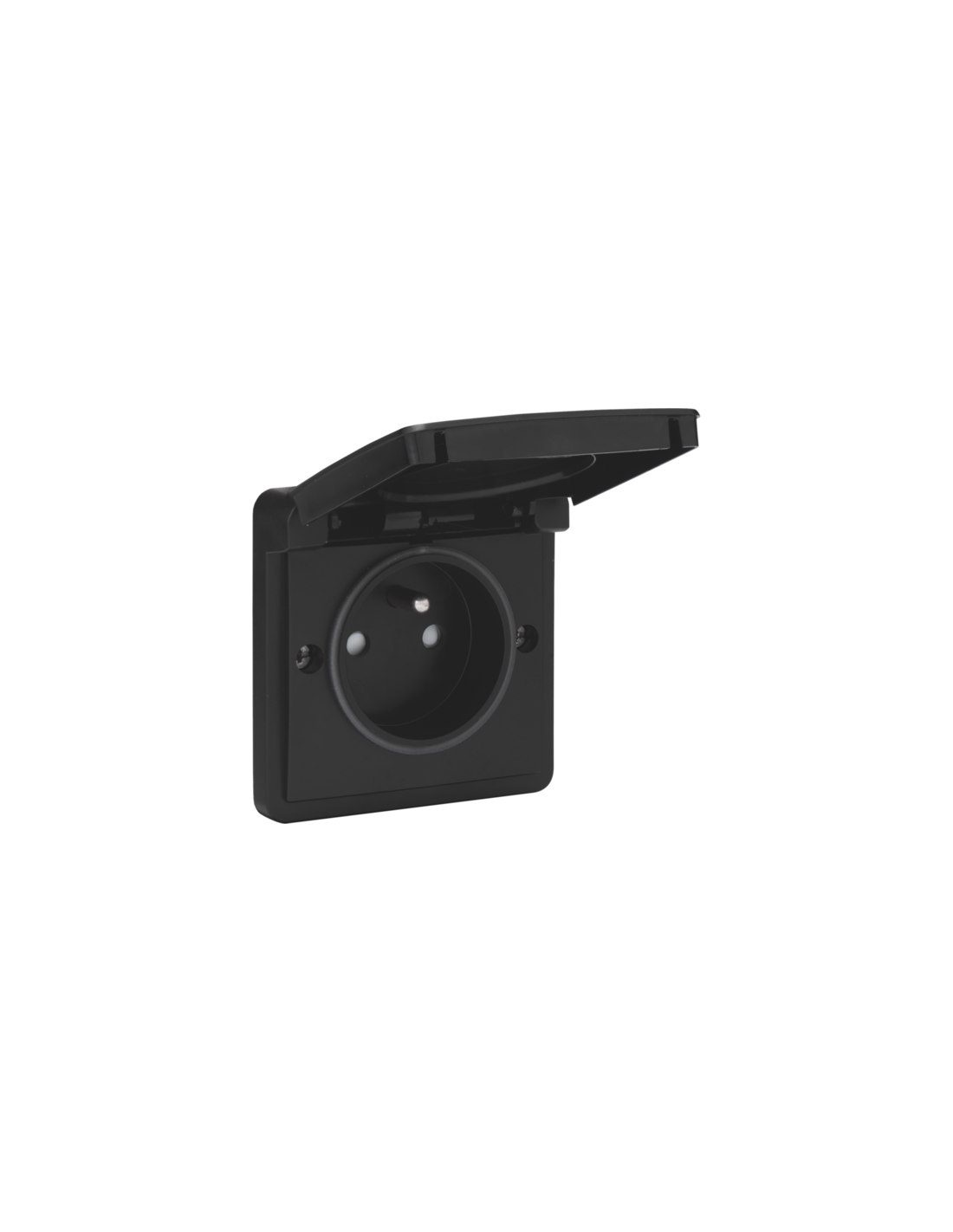 Prise de courant, étanche aux projections d'eau 16 A/250 Vac avec broche de terre, obturateurs de protection et avec bornes à vis, couleur noir