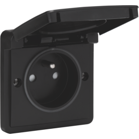 Prise de courant étanche aux projections d'eau 16 A/250 Vac avec broche de terre, obturateurs de protection et avec bornes à connexion rapide, couleur noir