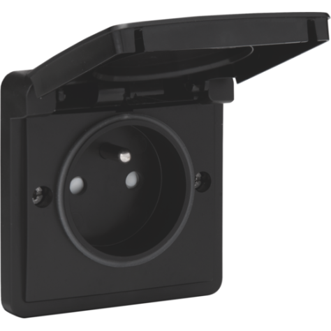 Prise de courant étanche aux projections d'eau 16 A/250 Vac avec broche de terre, obturateurs de protection et avec bornes à connexion rapide, couleur noir