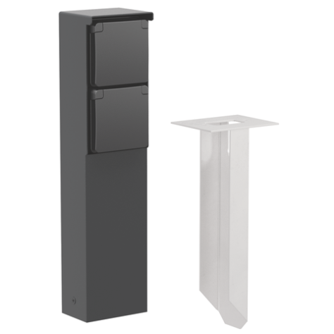 Borne de jardin étanche aux projections d'eau avec deux prises de courant, broche de terre et piquet, couleur noir