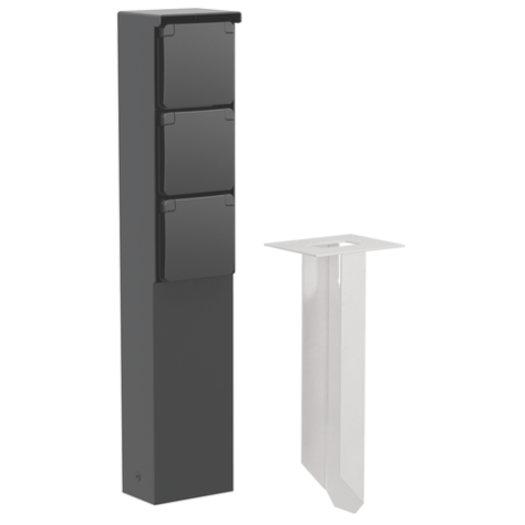 Borne de jardin étanche aux projections d'eau avec trois prises de courant, broche de terre et piquet, couleur noir